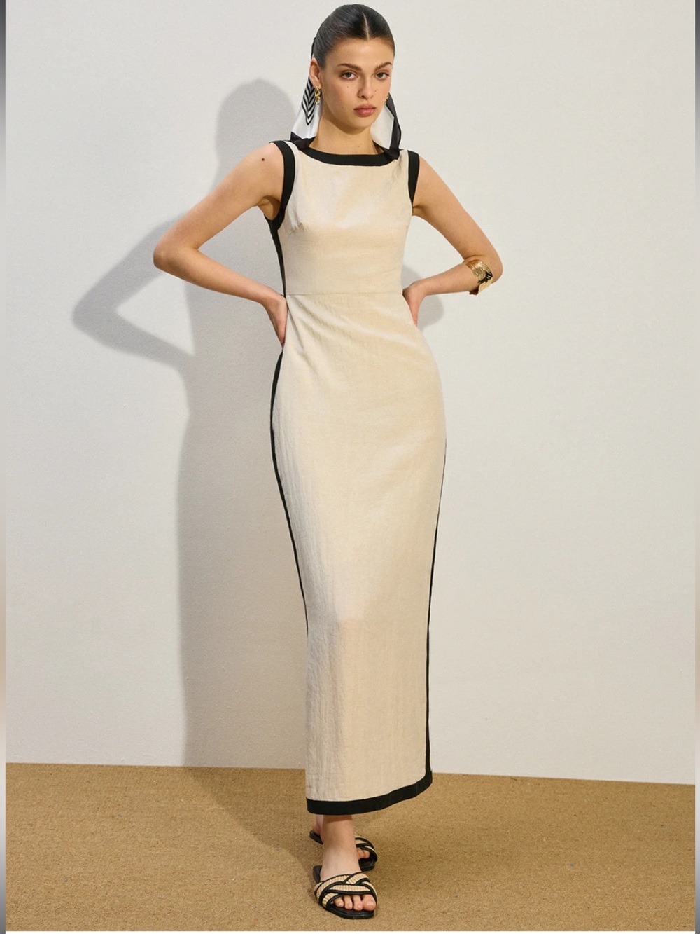 Commense Cream Maxi Dress with Black Piping